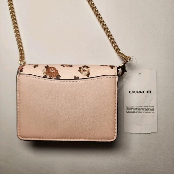 NWT COACH CZ022 Mini Leather Wallet On Chain Blush Pink Roses Rosette - Picture 2 of 4